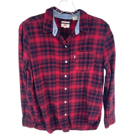 Levi’s flannel shirt top button down plaid red black small - Picture 1 of 10